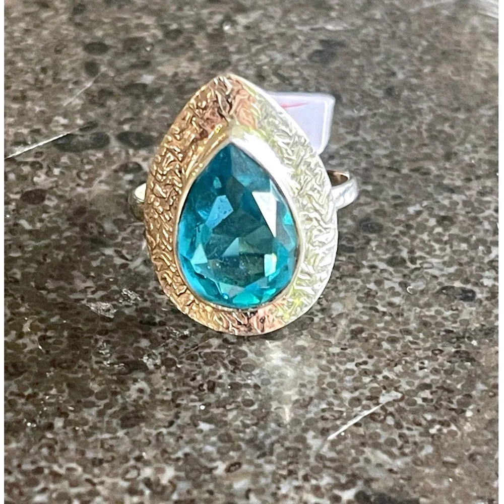 925 Sterling Silver Ring with Large 21.7mm Pear-Cut Blue‎ Gemstone, Size 8